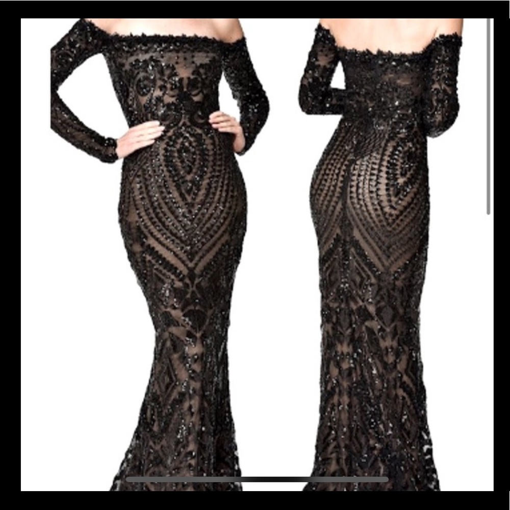 Nadine Merabi Arabella beaded long sleeve gown.